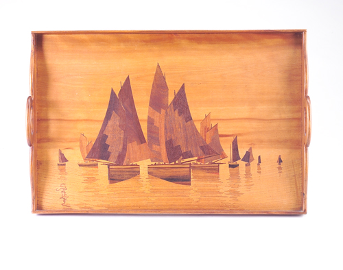 Appraisal: EMILE GALLE Inlaid wood tray c decorated with a scene