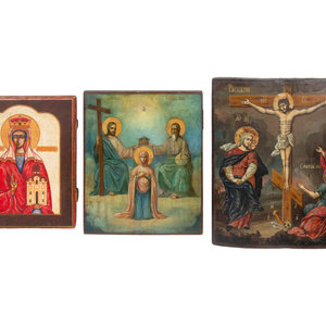 Appraisal: Three Russian Painted Wood Icon Panels th th Century Largest