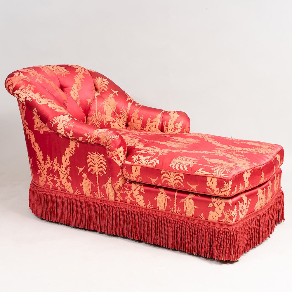 Appraisal: Red Damask Chaise Lounge with Fringe Apron x x in