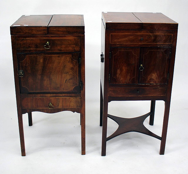 Appraisal: TWO ANTIQUE SHERATON STYLE MAHOGANY WASH STANDS with twin lidded