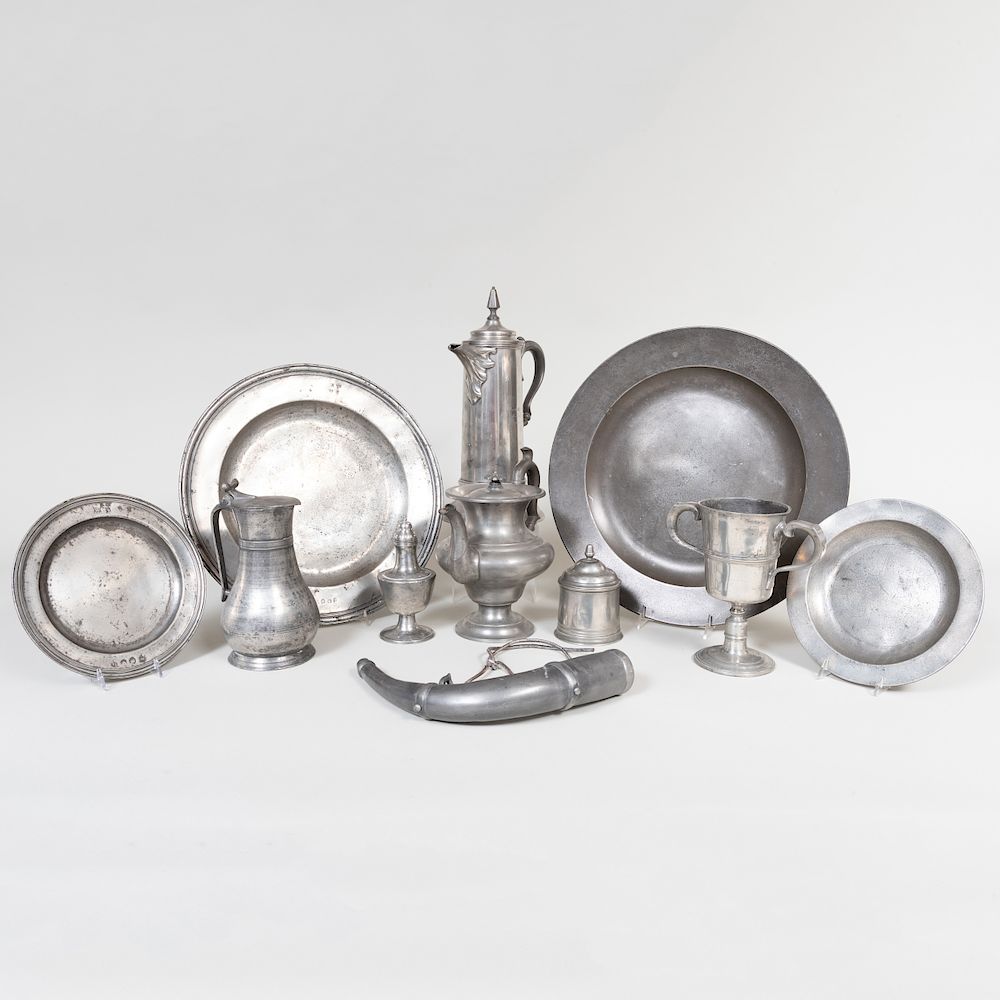 Appraisal: Group of Pewter Wares Variously marked Comprising Six chargers Seventeen