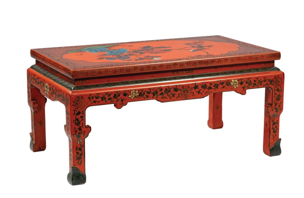 Appraisal: Chinese-Style Polychrome Painted and Incised Red Lacquer Coffee Table th