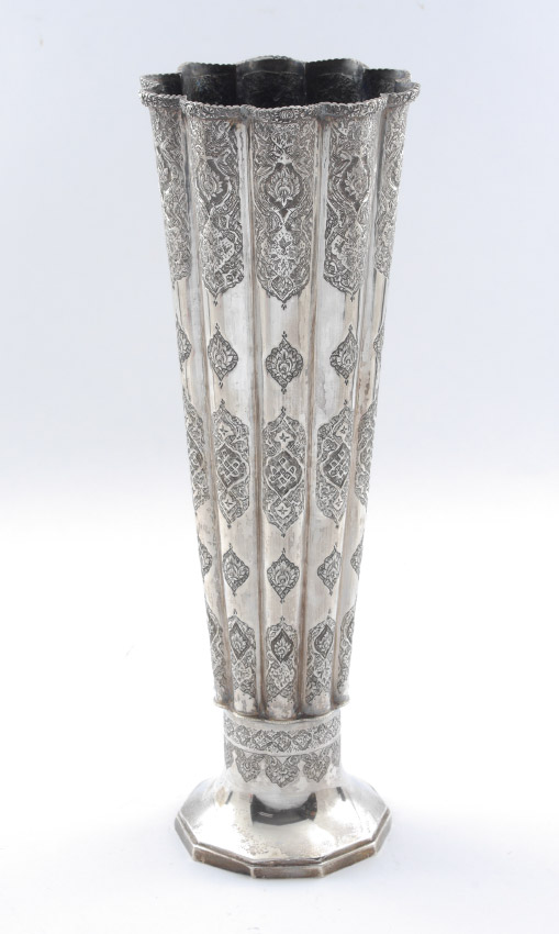 Appraisal: LARGE IRANIAN SILVER EMBOSSED FLUTED VASE Circa mid th century