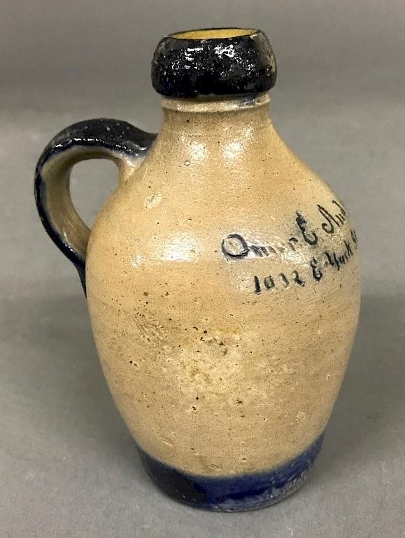 Appraisal: Rare Miniature Stoneware Jug Rare miniature stoneware jug inscribed Owner