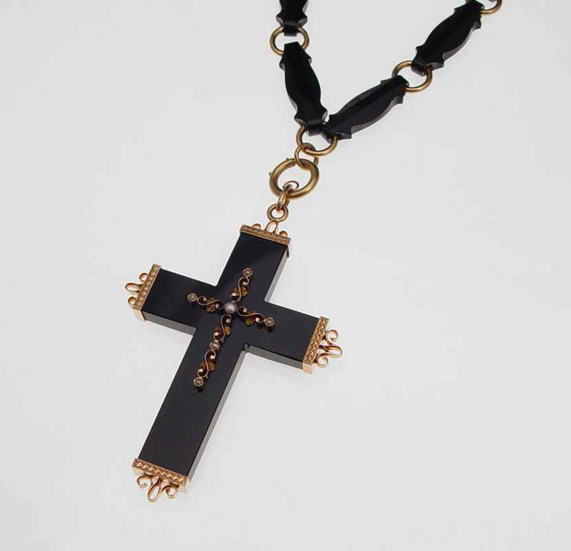 Appraisal: OUTSTANDING VICTORIAN MOURNING CROSS NECKLACE K Gold and seed pearl