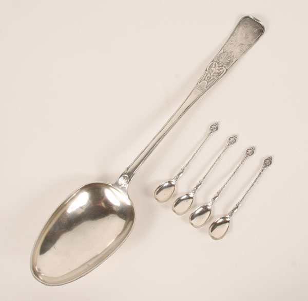 Appraisal: Danish th century ornate silver serving spoon and eggs spoons