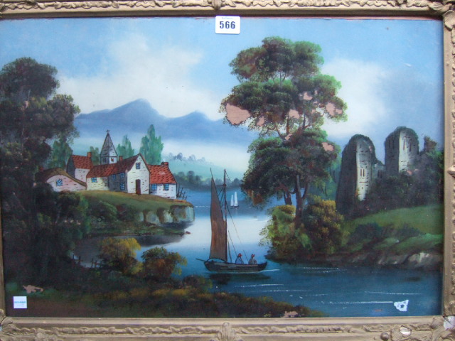 Appraisal: English School late th century River landscape oil reverse painted