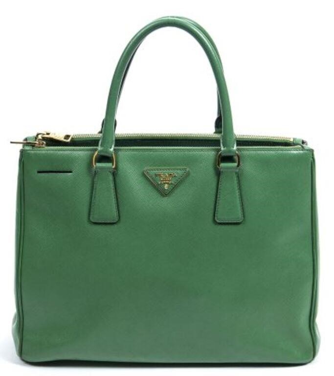 Appraisal: Prada double-zip tote bag in green Saffiano leather with gold-tone