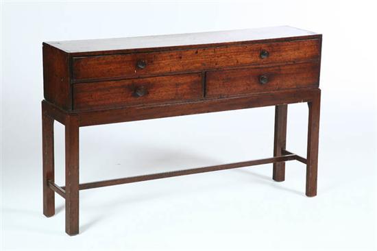 Appraisal: CHEST ON FRAME English th century mahogany Dovetailed case with