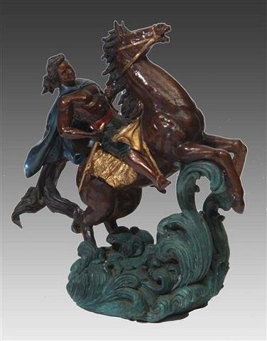 Appraisal: A TH CENTURY CONTINENTAL PAINTED BRONZE FIGURE of a horseman