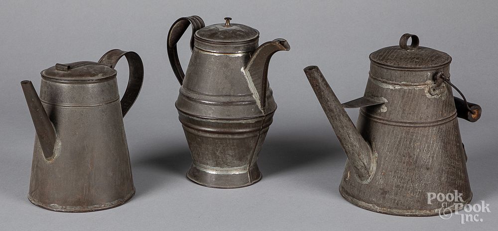 Appraisal: Three tin coffee pots th c Three tin coffee pots