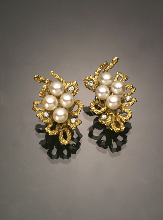 Appraisal: Pair of Italian -Karat Yellow-Gold Cultured Pearl and Diamond French