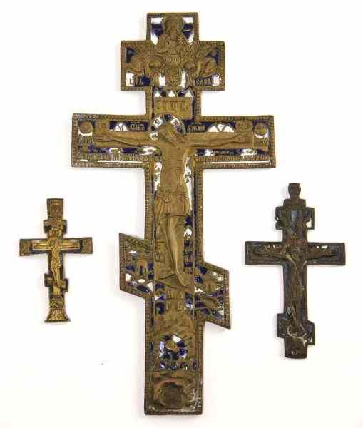 Appraisal: Three Antique Russian Crucifixes th century the largest with engraved