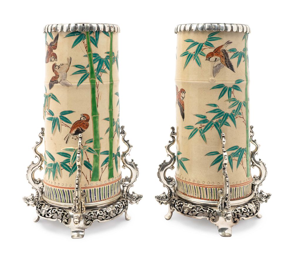 Appraisal: A Pair of Japonisme Silvered-Metal-Mounted Earthenware Vases Height inches A