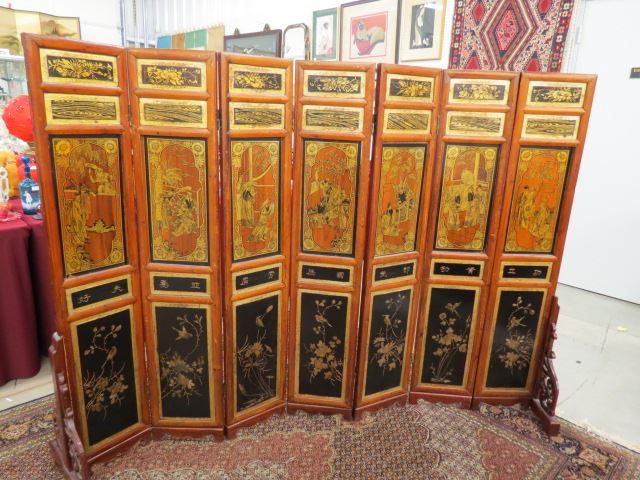 Appraisal: Chinese Handpainted Wooden Screen panels with inset panel scenes depicting