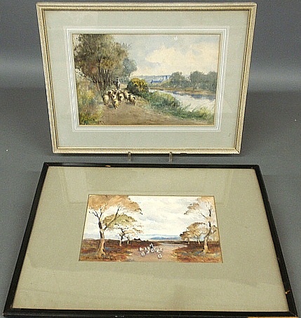 Appraisal: - Two framed and matted watercolor paintings of shepherds with