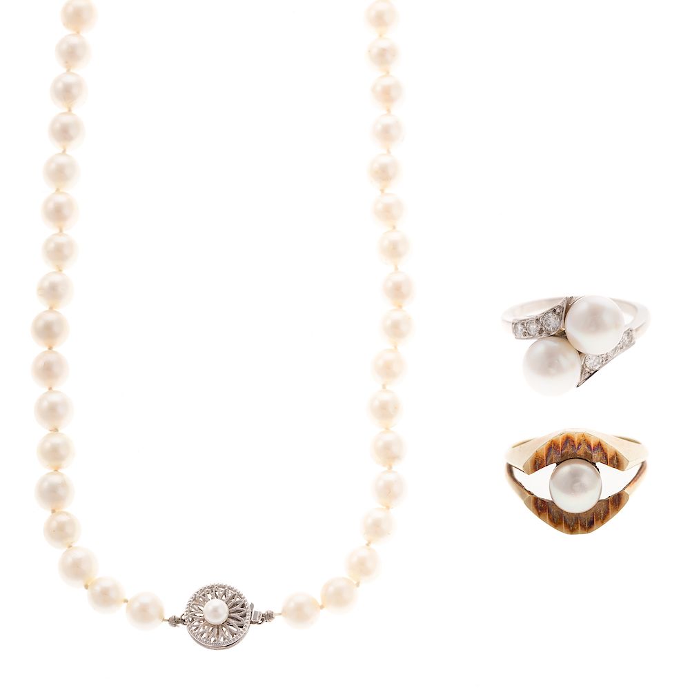 Appraisal: Two Cultured Pearl Rings Necklace with K K white gold