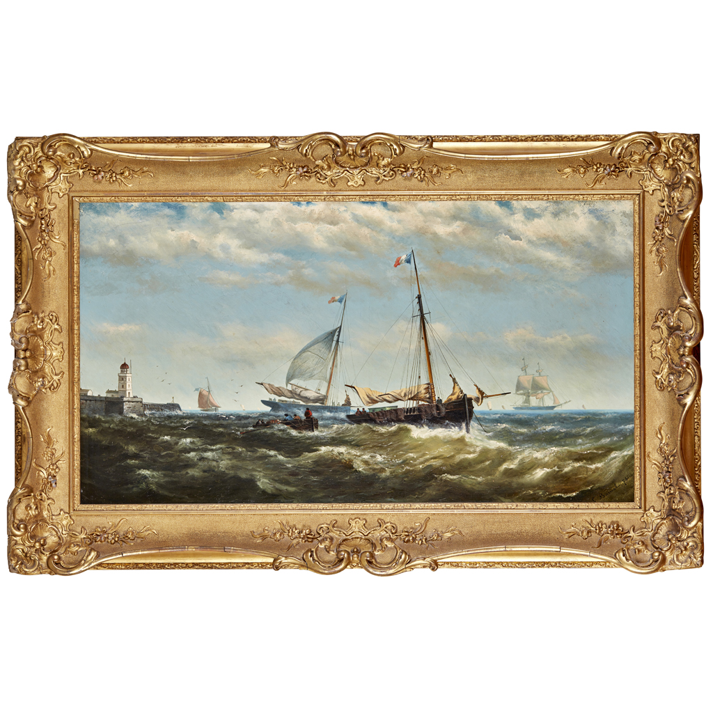 Appraisal: LOUIS BARNABA BELGIAN B FRENCH FISHING BOATS OFF A LIGHTHOUSE