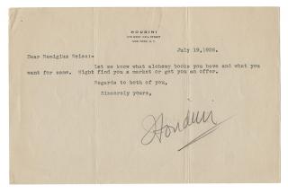 Appraisal: Houdini Harry Ehrich Weisz Typed Letter Signed by Houdini One