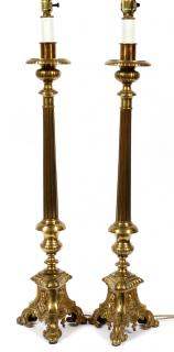 Appraisal: COLUMN STYLE BRASS CANDLE HOLDER LAMPS PAIR COLUMN STYLE BRASS