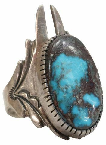 Appraisal: Native American sterling silver and turquoise ring signed Tom Willeto