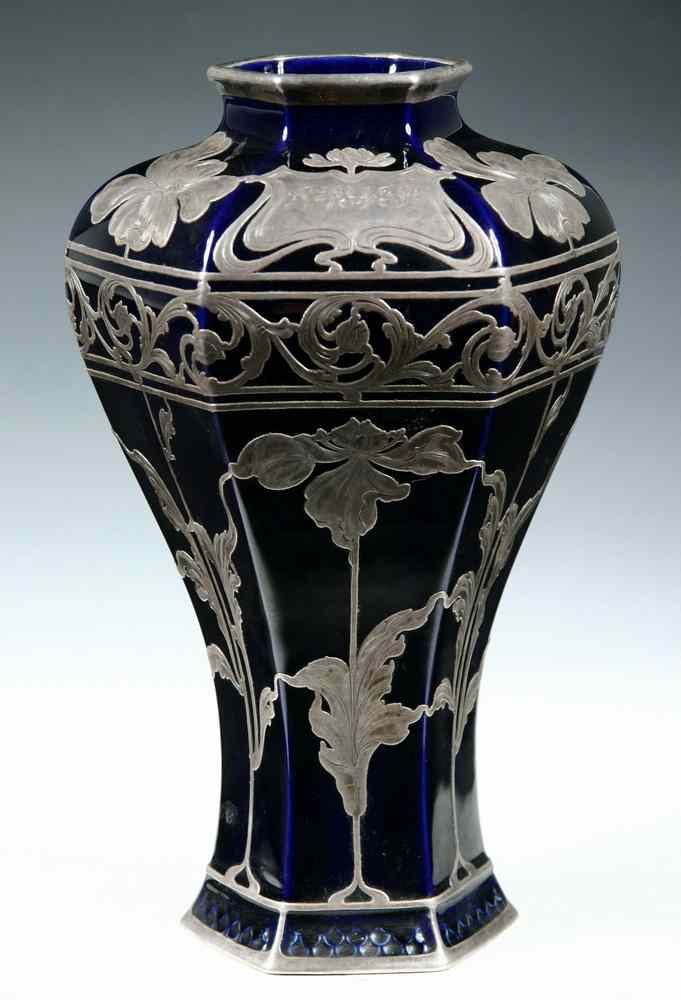 Appraisal: SILVER OVERLAID VASE - Art Nouveau Cobalt Blue Six-Sided Porcelain