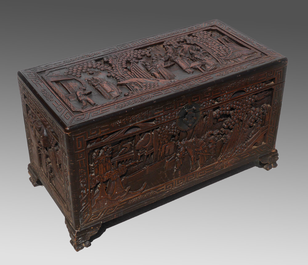 Appraisal: CARVED CHINESE CAMPHOR CHEST TRUNK Carved all over with figures