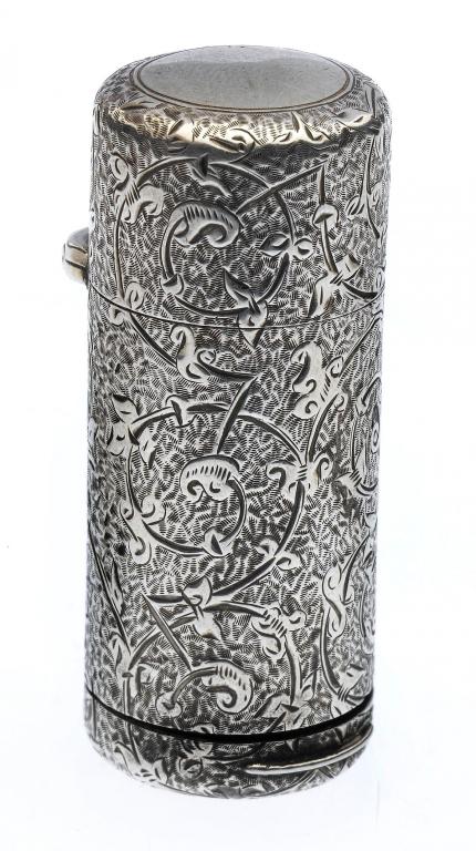 Appraisal: A VICTORIAN SILVER CYLINDRICAL SCENT BOTTLE-VINAIGRETTE BY SAMPSON MORDAN engraved