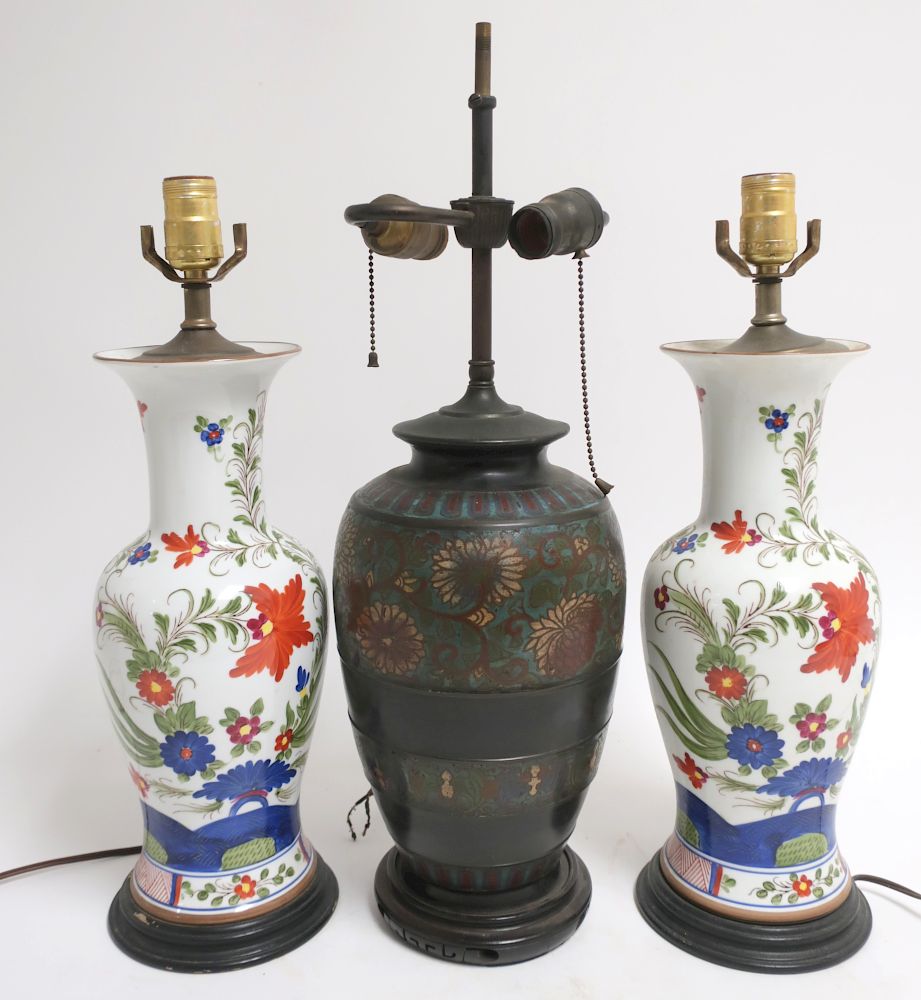 Appraisal: Chinese Cloisonne Lamp Pr Porcelain Lamps Vase H MROG MS