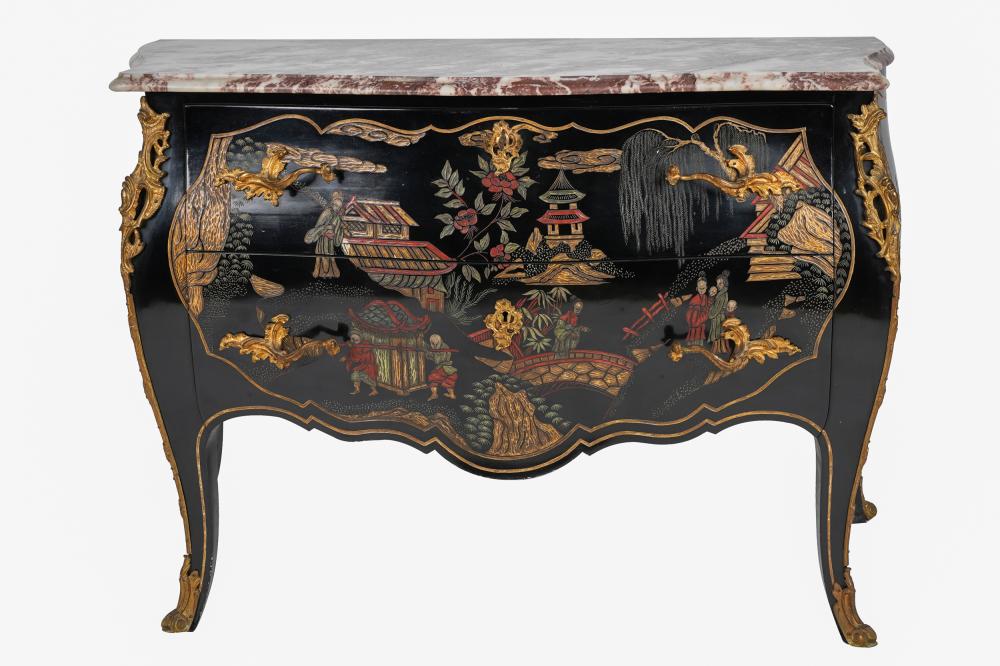 Appraisal: FRENCH GILT BRONZE-MOUNTED LACQUER CHINOISERIE COMMODE th century with marble