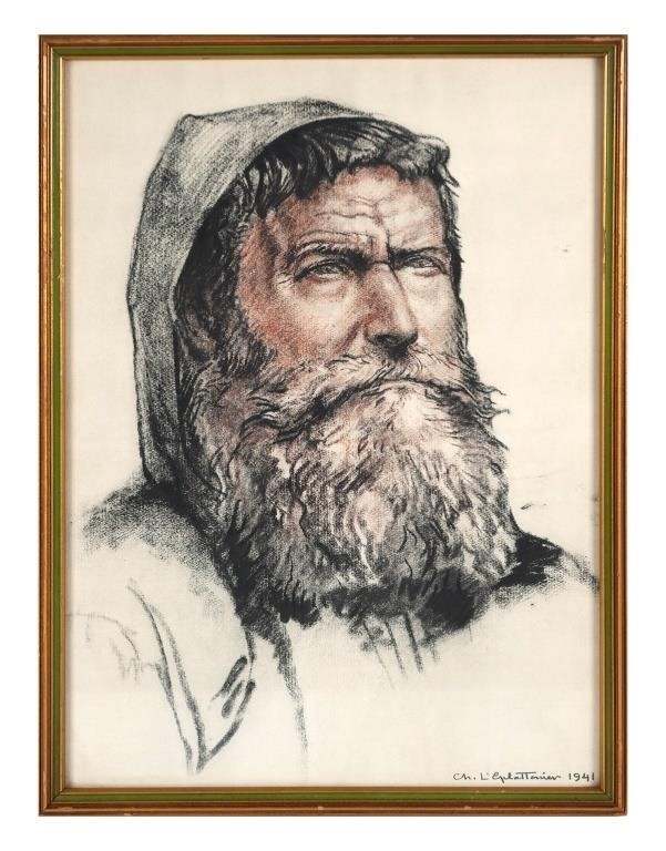 Appraisal: Charles L'Eplattenier Swiss - charcoal on paper portrait of bearded