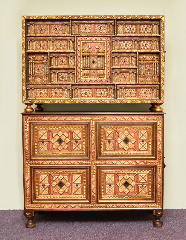 Appraisal: VARGUENO CHEST ON CHEST With drawers and recesses having inlay