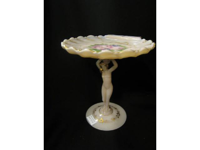 Appraisal: Cambridge Crown Tuscan Figural Nude Art Glass Compote enameled floral