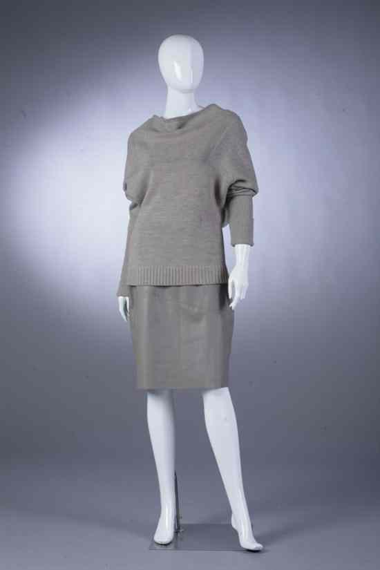 Appraisal: MAX AZARIA TAUPE WOOL SWEATER AND MOCHA LEATHER SKIRT Sweater