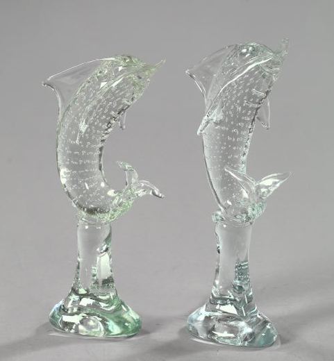 Appraisal: Dramatic Pair of Murano Clear Air-Bubbled Glass Figures of Leaping