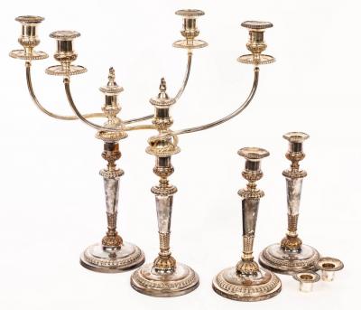 Appraisal: Four Sheffield plated candlesticks with two two-branch candelabra attachments cm