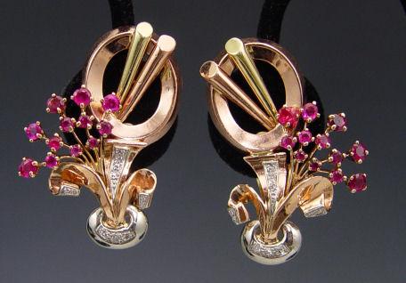 Appraisal: K ROSE GOLD RETRO DIAMOND AND RUBY EARRINGS CLIPS K