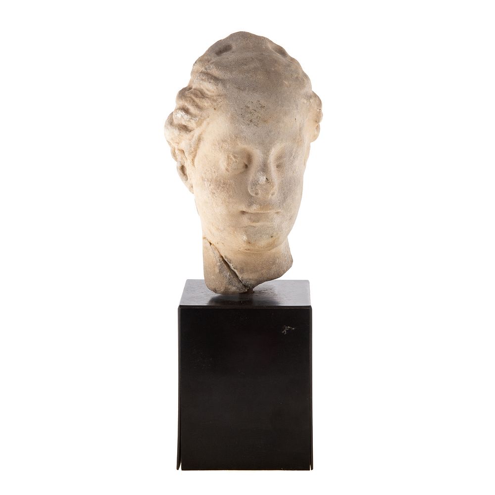 Appraisal: Hellenistic Carved Sandstone Female Head Mounted on laminated wood block