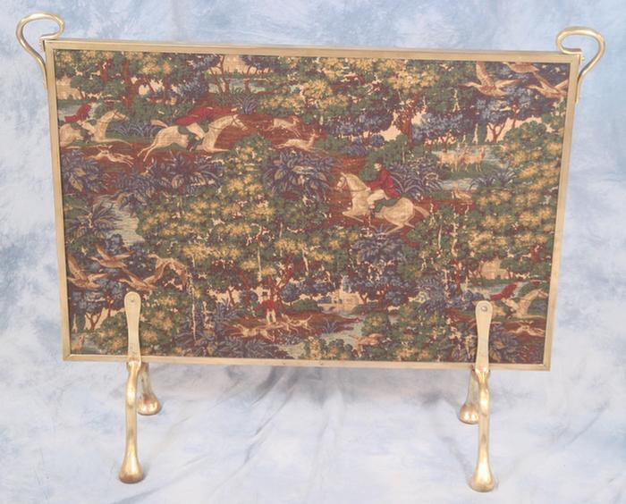 Appraisal: Brass firescreen with fabric panel depicting hunt scene w h