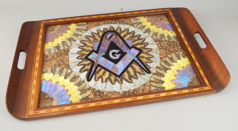 Appraisal: An unusual Masonic tray decorated centrally with exotic butterflies with