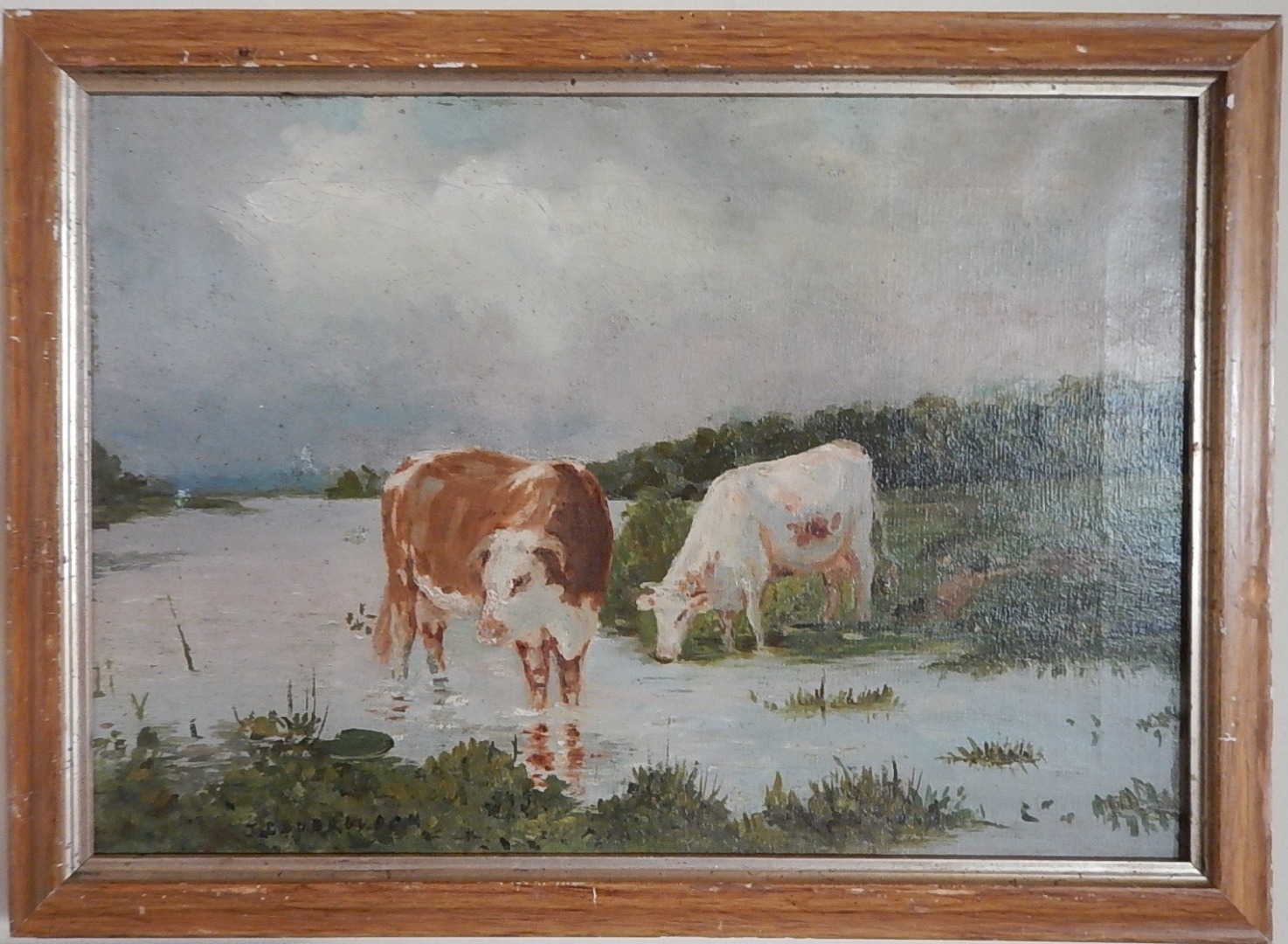 Appraisal: J Coudroudon Cattle watering in a river oil on a