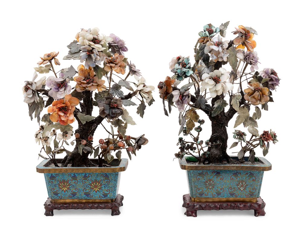 Appraisal: Two Chinese Hardstone Models of Flowering Trees in Cloisonne Bulb