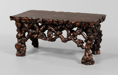 Appraisal: Rootwood Table Chinese th century rectangular with oyster style veneer