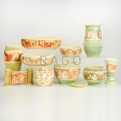 Appraisal: ROSEVILLE Donatello eleven pieces Four vases three bowls two jardinieres