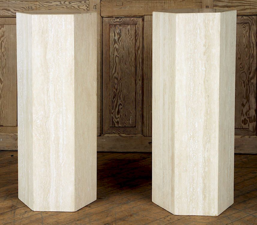 Appraisal: PAIR SIX-SIDED TRAVERTINE PEDESTALS CIRCA A pair of six sided