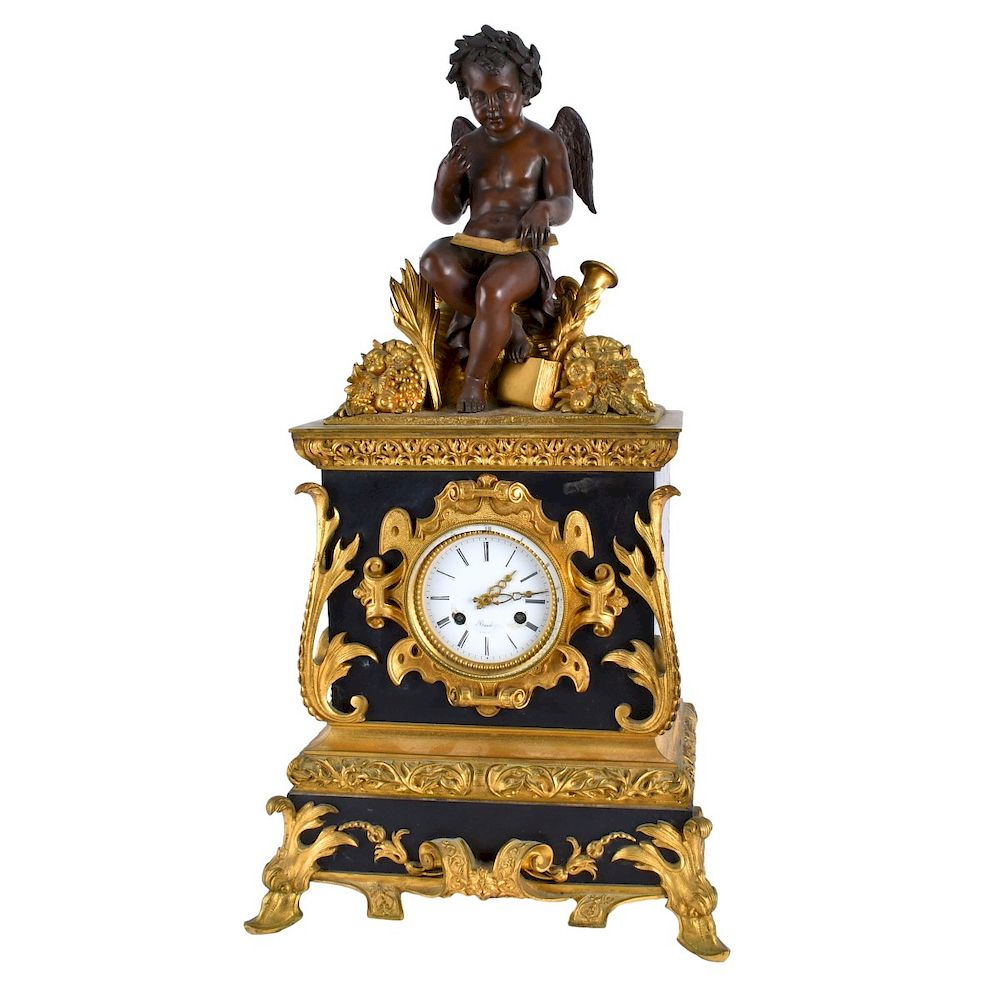 Appraisal: Antique Mantle Clock Antique French Bronze and Slate Cherub Figural