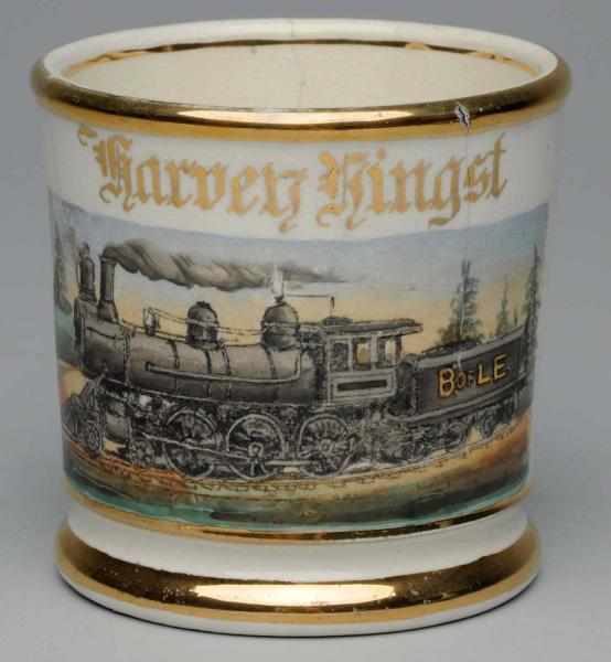 Appraisal: Locomotive Shaving Mug Gilt name Harvey Kingst Stamped Anchor Pottery