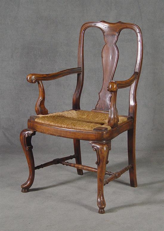 Appraisal: Queen Anne Style Stained Hardwood Armchair Circa Woven rush seat