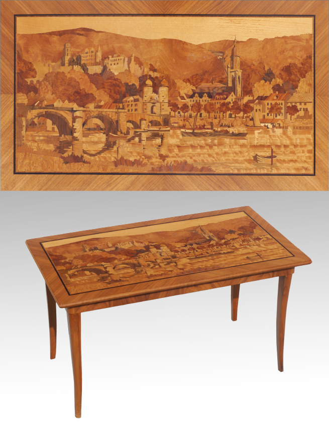 Appraisal: EUROPEAN MARQUETRY INLAID COFFEE TABLE Detailed marquetry inlaid scene of