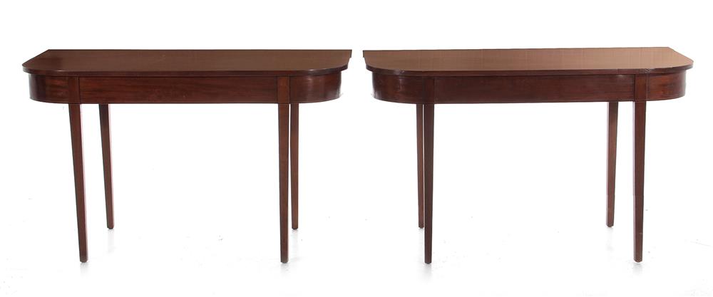 Appraisal: Pair Federal mahogany console tables circa D-shaped top inlaid skirt